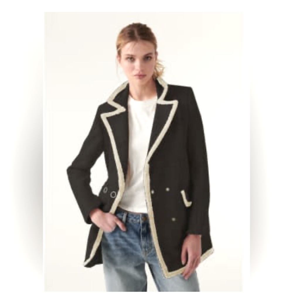 NWT BA & SH Fiara Notched Lapel Oversized Wool Coat Jacket Black White S